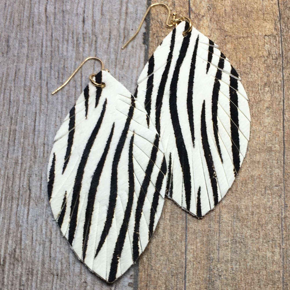 Zebra Print Feather Style Genuine Leather Earrings